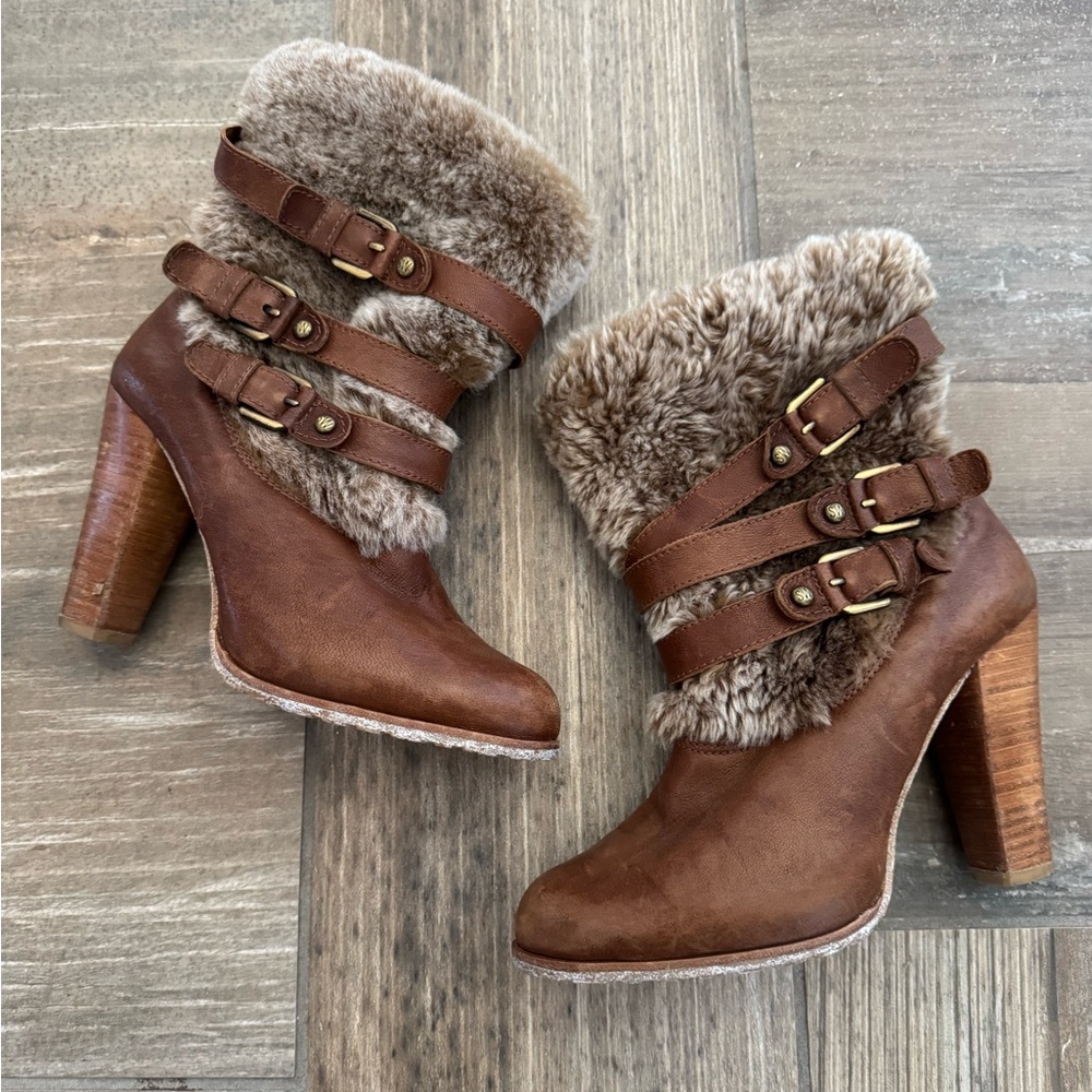 Stuart Weitzman Brown Heeled Boots with Fur Trim